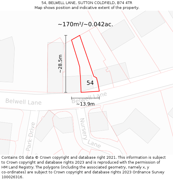 54, BELWELL LANE, SUTTON COLDFIELD, B74 4TR: Plot and title map