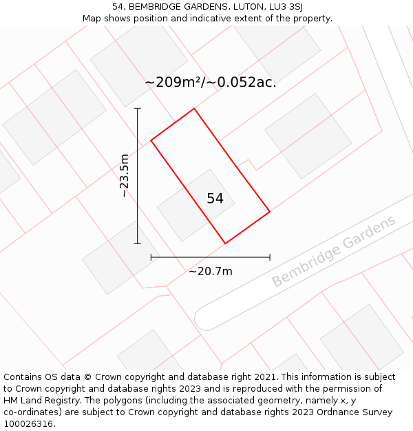 54, BEMBRIDGE GARDENS, LUTON, LU3 3SJ: Plot and title map