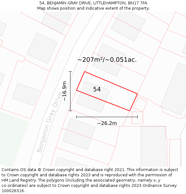 54, BENJAMIN GRAY DRIVE, LITTLEHAMPTON, BN17 7FA: Plot and title map