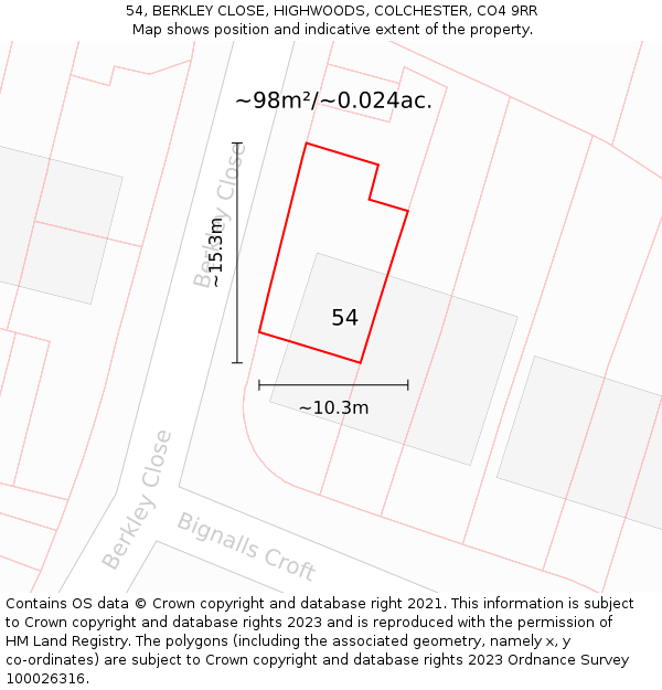 54, BERKLEY CLOSE, HIGHWOODS, COLCHESTER, CO4 9RR: Plot and title map