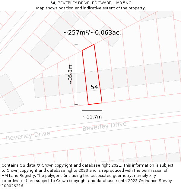 54, BEVERLEY DRIVE, EDGWARE, HA8 5NG: Plot and title map