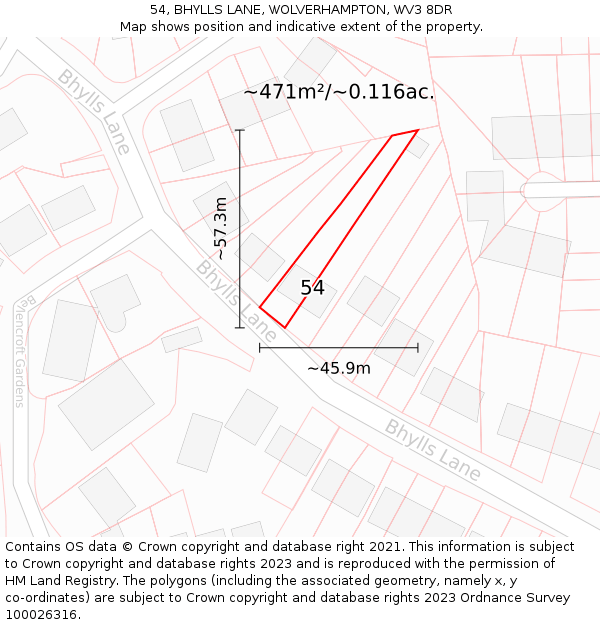 54, BHYLLS LANE, WOLVERHAMPTON, WV3 8DR: Plot and title map