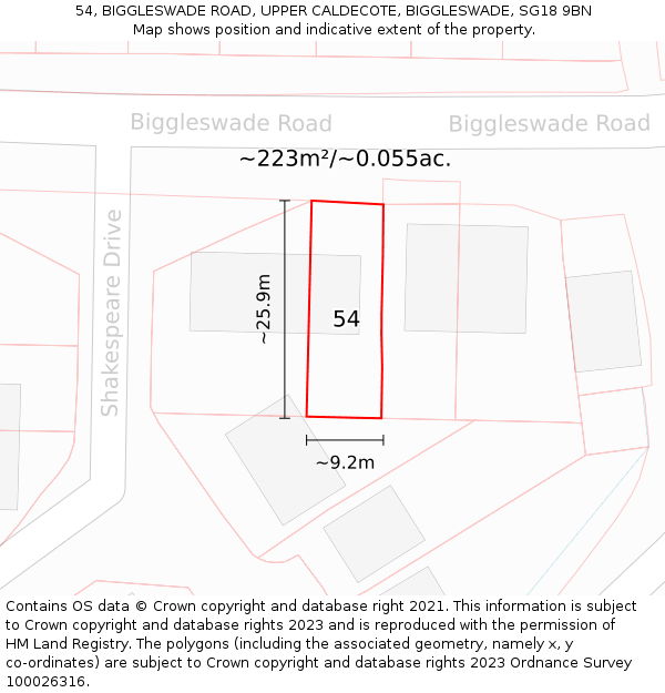 54, BIGGLESWADE ROAD, UPPER CALDECOTE, BIGGLESWADE, SG18 9BN: Plot and title map