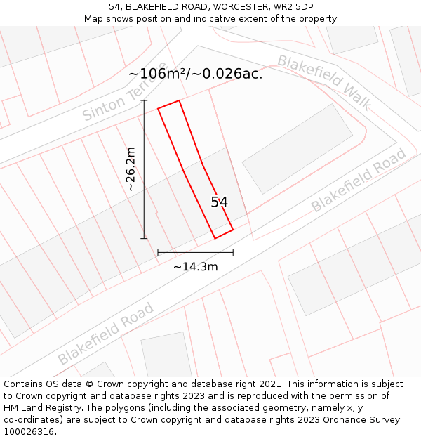 54, BLAKEFIELD ROAD, WORCESTER, WR2 5DP: Plot and title map
