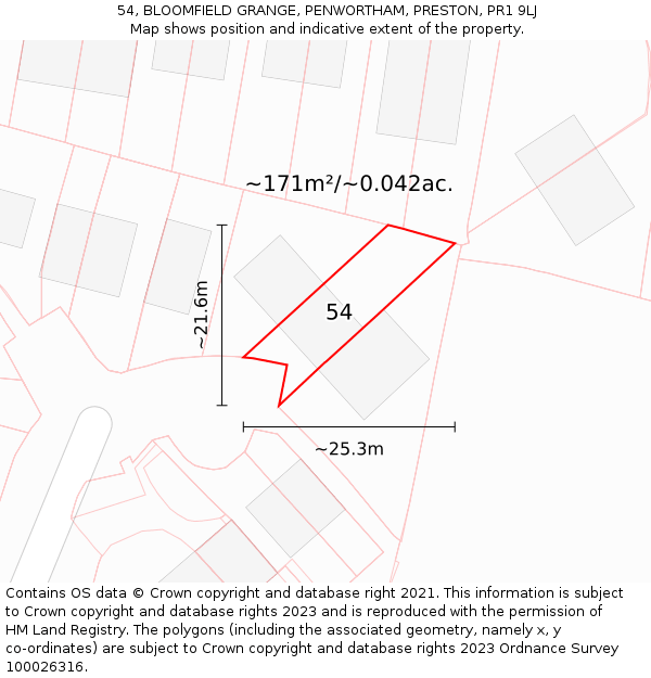 54, BLOOMFIELD GRANGE, PENWORTHAM, PRESTON, PR1 9LJ: Plot and title map