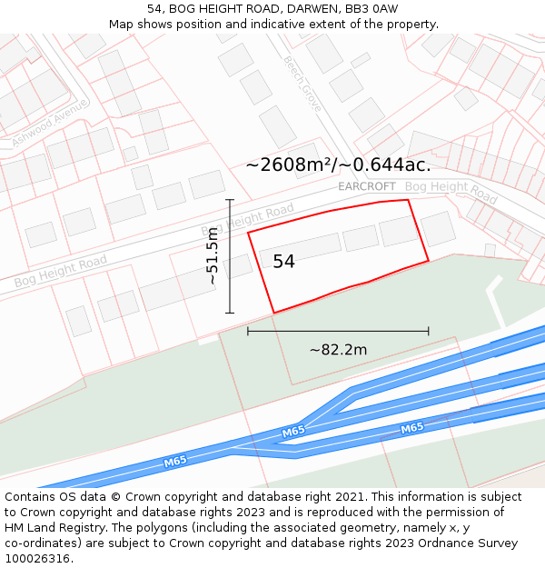 54, BOG HEIGHT ROAD, DARWEN, BB3 0AW: Plot and title map