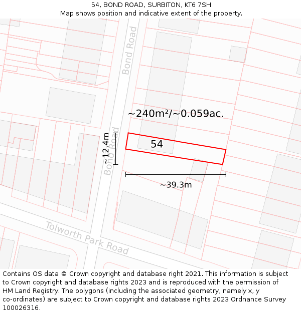 54, BOND ROAD, SURBITON, KT6 7SH: Plot and title map