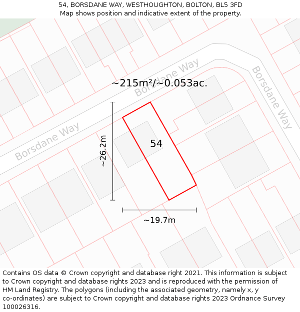 54, BORSDANE WAY, WESTHOUGHTON, BOLTON, BL5 3FD: Plot and title map