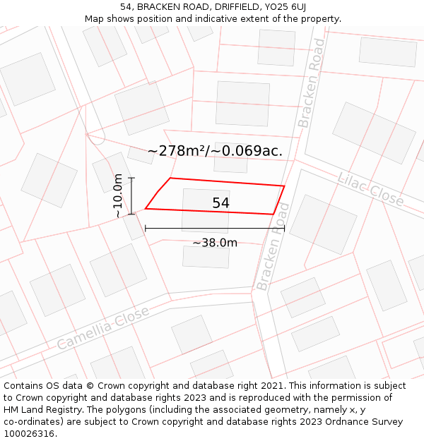54, BRACKEN ROAD, DRIFFIELD, YO25 6UJ: Plot and title map