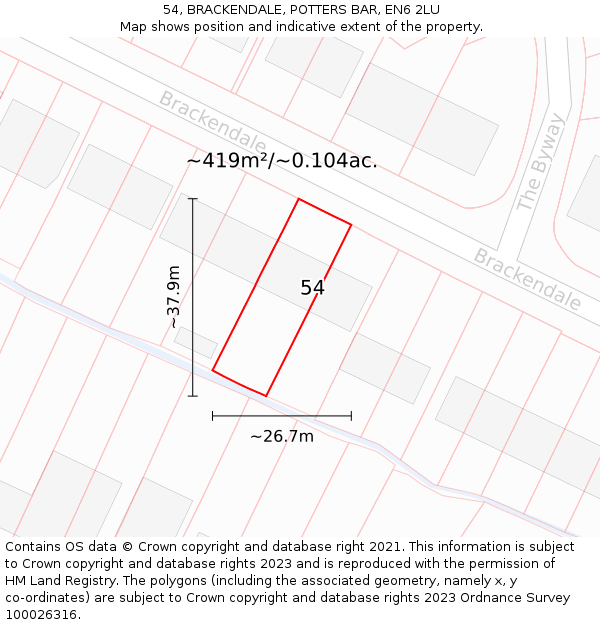 54, BRACKENDALE, POTTERS BAR, EN6 2LU: Plot and title map