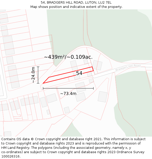 54, BRADGERS HILL ROAD, LUTON, LU2 7EL: Plot and title map