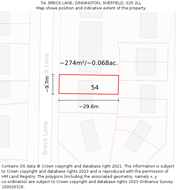 54, BRECK LANE, DINNINGTON, SHEFFIELD, S25 2LL: Plot and title map