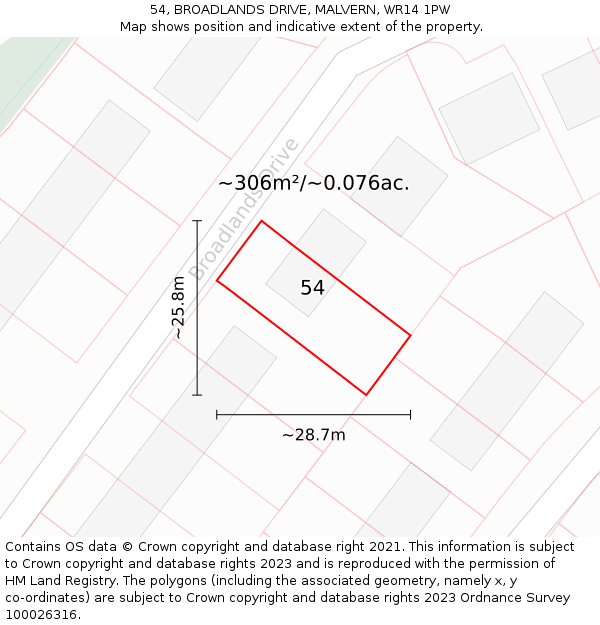 54, BROADLANDS DRIVE, MALVERN, WR14 1PW: Plot and title map
