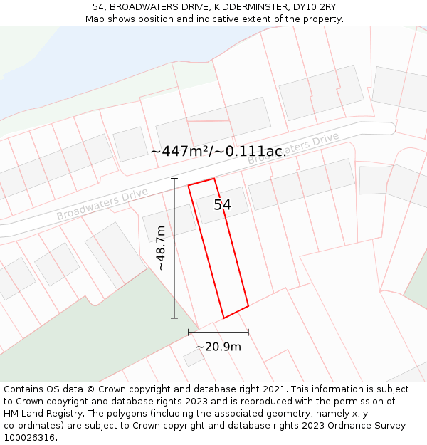 54, BROADWATERS DRIVE, KIDDERMINSTER, DY10 2RY: Plot and title map