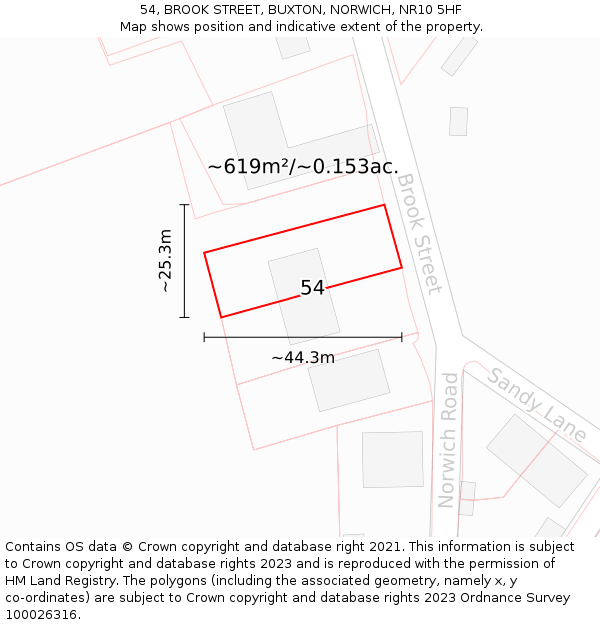 54, BROOK STREET, BUXTON, NORWICH, NR10 5HF: Plot and title map