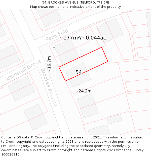 54, BROOKES AVENUE, TELFORD, TF3 5FE: Plot and title map