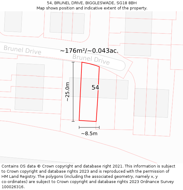 54, BRUNEL DRIVE, BIGGLESWADE, SG18 8BH: Plot and title map