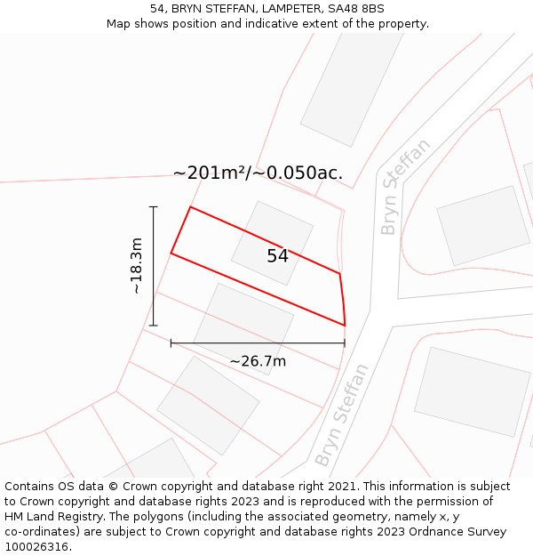 54, BRYN STEFFAN, LAMPETER, SA48 8BS: Plot and title map