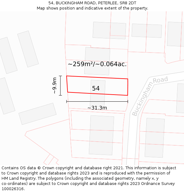 54, BUCKINGHAM ROAD, PETERLEE, SR8 2DT: Plot and title map