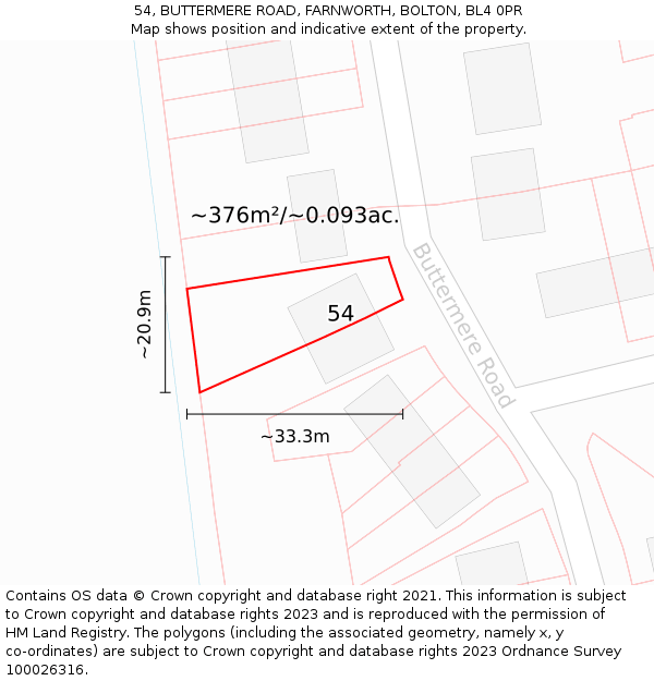 54, BUTTERMERE ROAD, FARNWORTH, BOLTON, BL4 0PR: Plot and title map