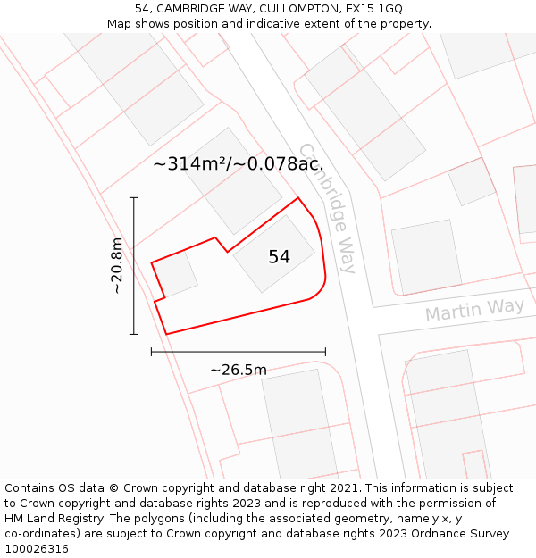 54, CAMBRIDGE WAY, CULLOMPTON, EX15 1GQ: Plot and title map