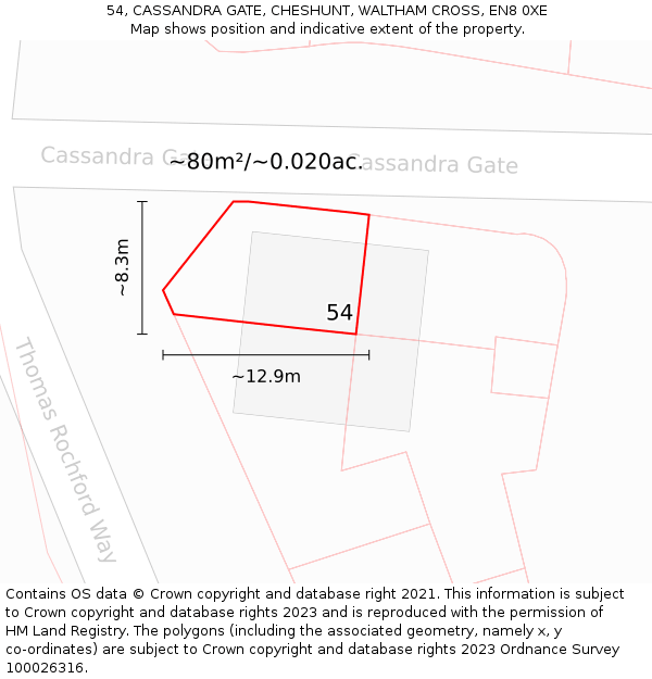 54, CASSANDRA GATE, CHESHUNT, WALTHAM CROSS, EN8 0XE: Plot and title map