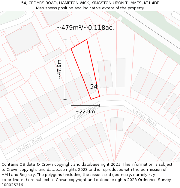 54, CEDARS ROAD, HAMPTON WICK, KINGSTON UPON THAMES, KT1 4BE: Plot and title map