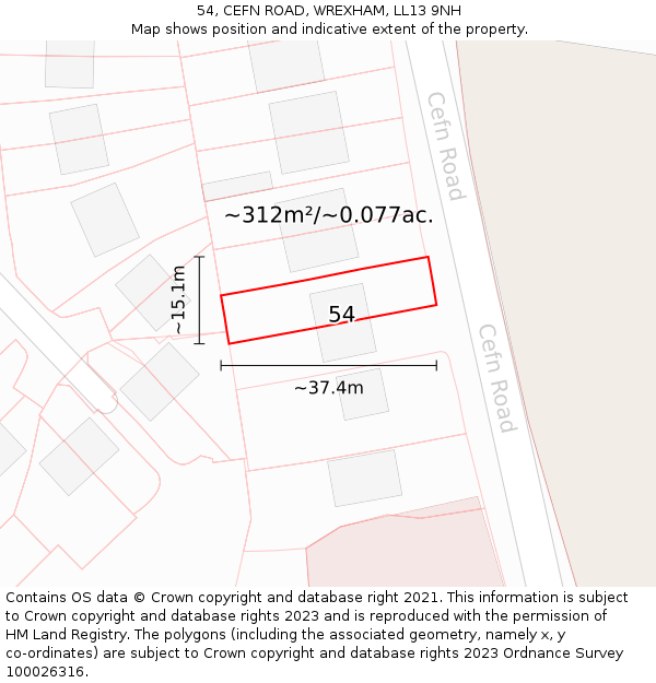 54, CEFN ROAD, WREXHAM, LL13 9NH: Plot and title map