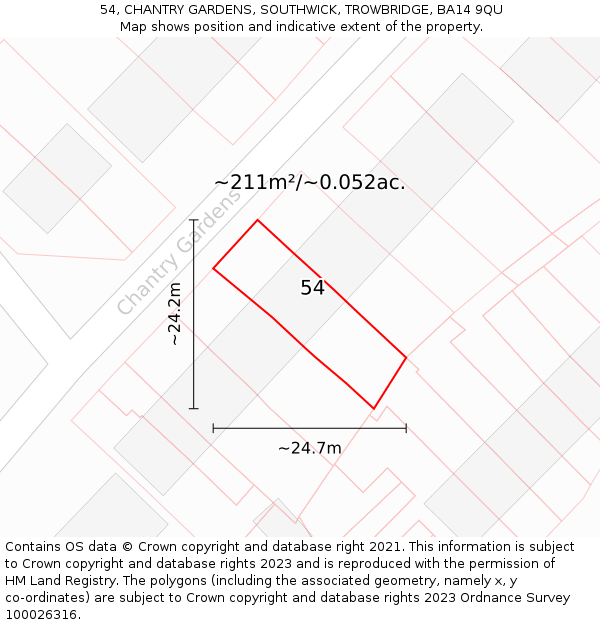 54, CHANTRY GARDENS, SOUTHWICK, TROWBRIDGE, BA14 9QU: Plot and title map