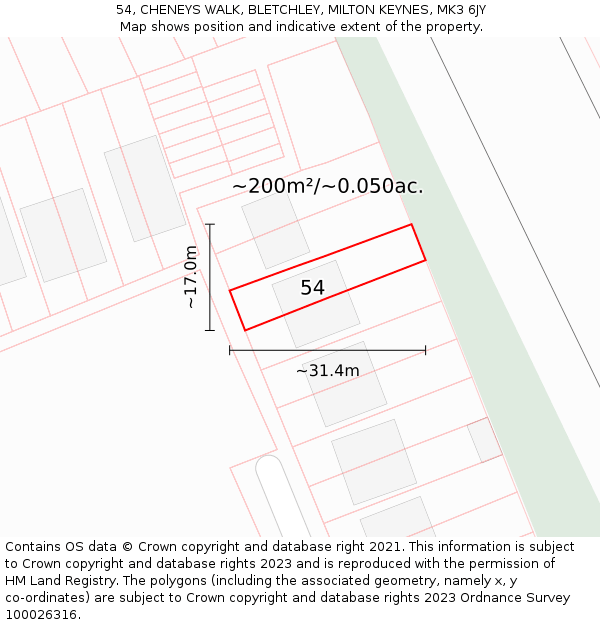 54, CHENEYS WALK, BLETCHLEY, MILTON KEYNES, MK3 6JY: Plot and title map