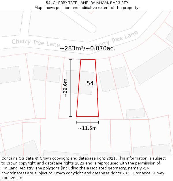54, CHERRY TREE LANE, RAINHAM, RM13 8TP: Plot and title map
