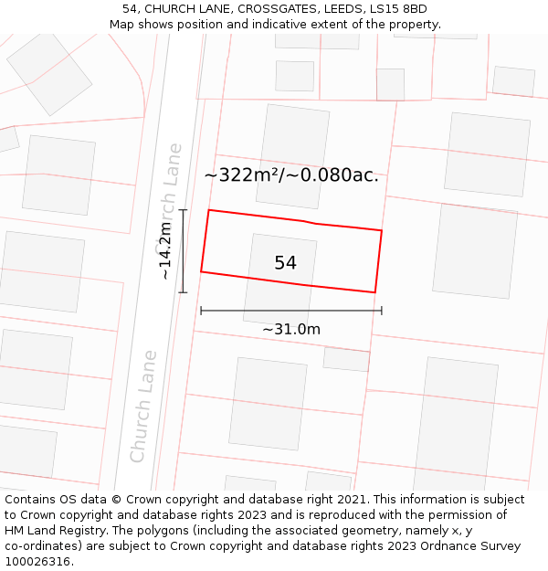 54, CHURCH LANE, CROSSGATES, LEEDS, LS15 8BD: Plot and title map