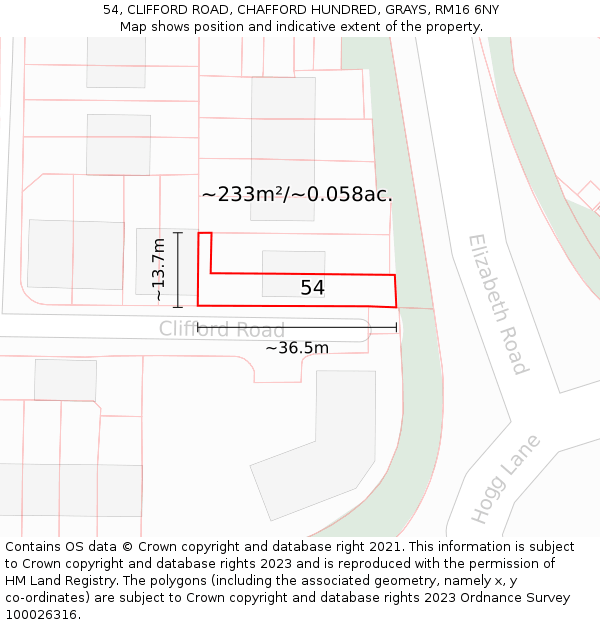 54, CLIFFORD ROAD, CHAFFORD HUNDRED, GRAYS, RM16 6NY: Plot and title map