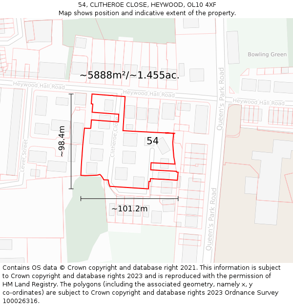 54, CLITHEROE CLOSE, HEYWOOD, OL10 4XF: Plot and title map