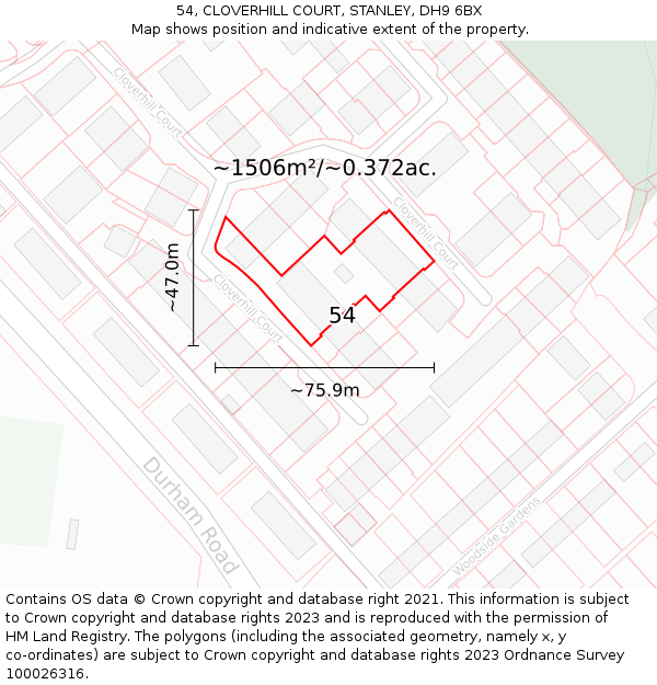 54, CLOVERHILL COURT, STANLEY, DH9 6BX: Plot and title map