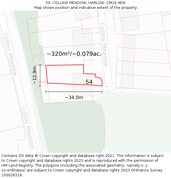54, COLLINS MEADOW, HARLOW, CM19 4EW: Plot and title map