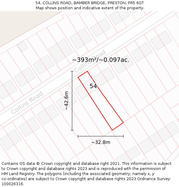 54, COLLINS ROAD, BAMBER BRIDGE, PRESTON, PR5 6GT: Plot and title map