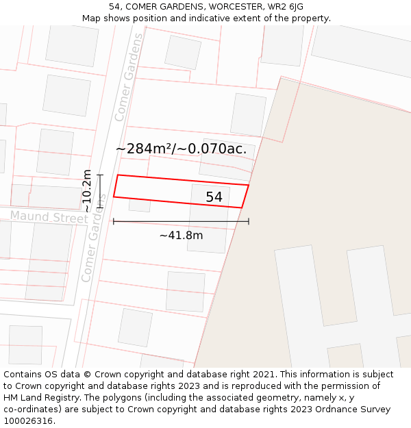 54, COMER GARDENS, WORCESTER, WR2 6JG: Plot and title map