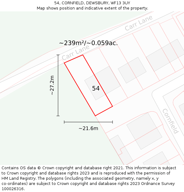 54, CORNFIELD, DEWSBURY, WF13 3UY: Plot and title map