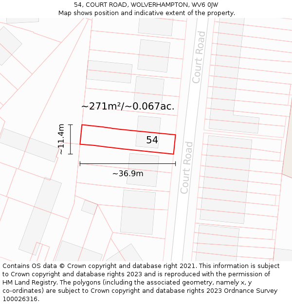 54, COURT ROAD, WOLVERHAMPTON, WV6 0JW: Plot and title map