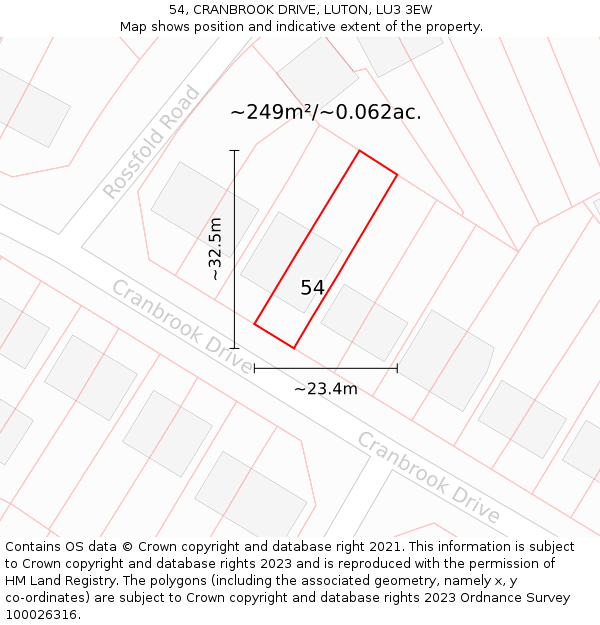 54, CRANBROOK DRIVE, LUTON, LU3 3EW: Plot and title map