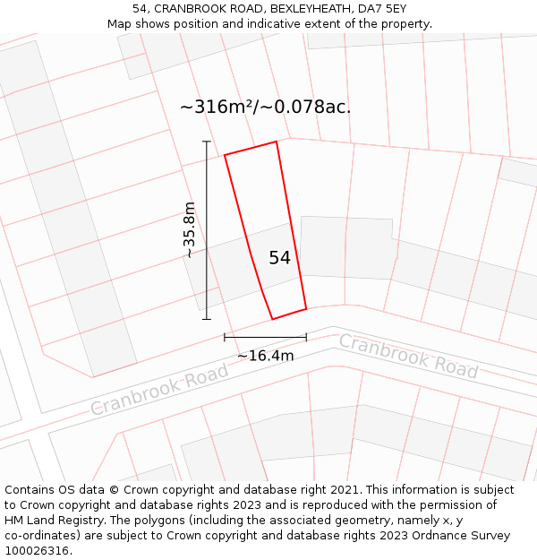 54, CRANBROOK ROAD, BEXLEYHEATH, DA7 5EY: Plot and title map