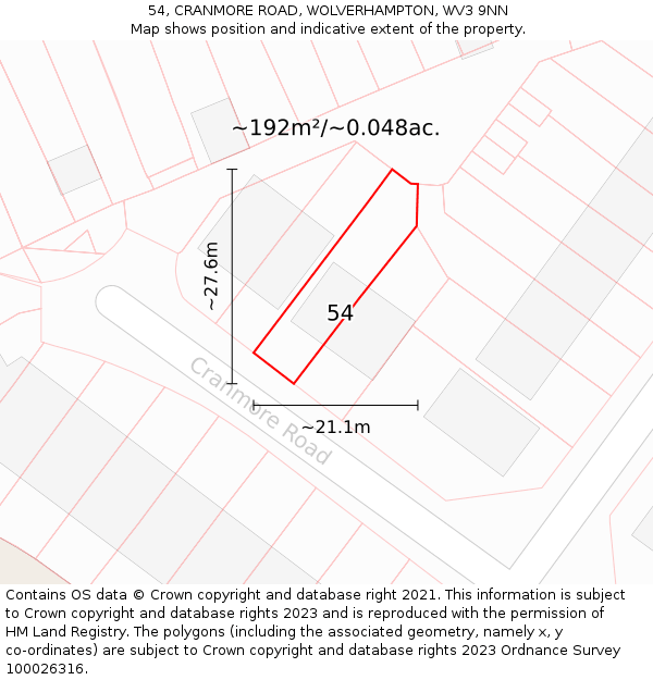 54, CRANMORE ROAD, WOLVERHAMPTON, WV3 9NN: Plot and title map
