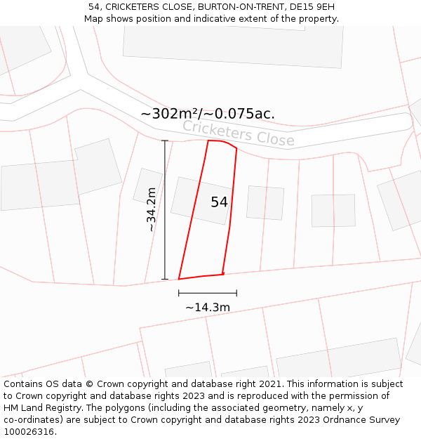 54, CRICKETERS CLOSE, BURTON-ON-TRENT, DE15 9EH: Plot and title map