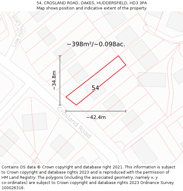54, CROSLAND ROAD, OAKES, HUDDERSFIELD, HD3 3PA: Plot and title map