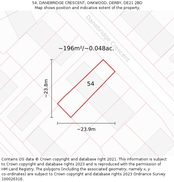 54, DANEBRIDGE CRESCENT, OAKWOOD, DERBY, DE21 2BD: Plot and title map