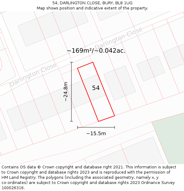 54, DARLINGTON CLOSE, BURY, BL8 1UG: Plot and title map