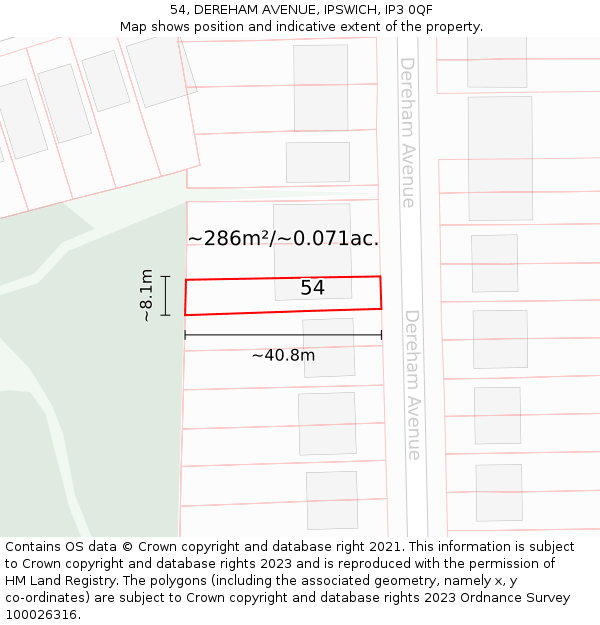 54, DEREHAM AVENUE, IPSWICH, IP3 0QF: Plot and title map