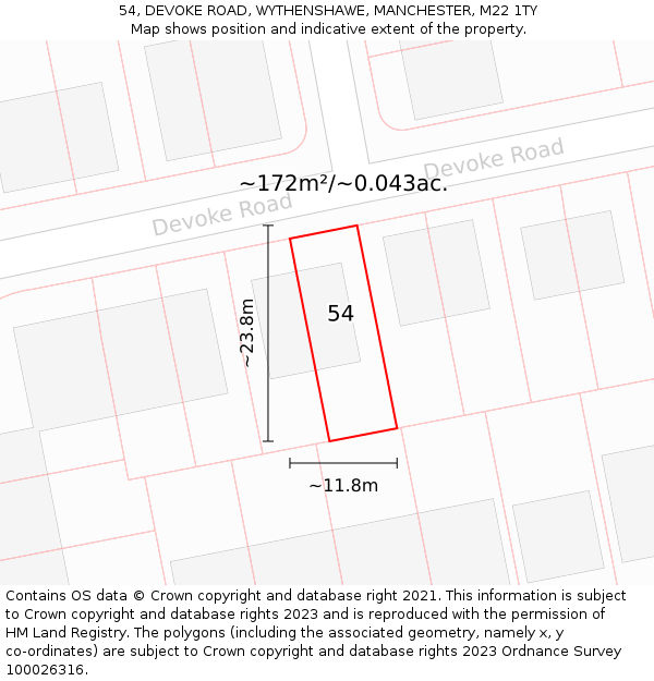 54, DEVOKE ROAD, WYTHENSHAWE, MANCHESTER, M22 1TY: Plot and title map