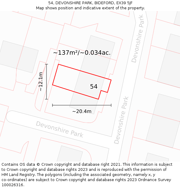 54, DEVONSHIRE PARK, BIDEFORD, EX39 5JF: Plot and title map
